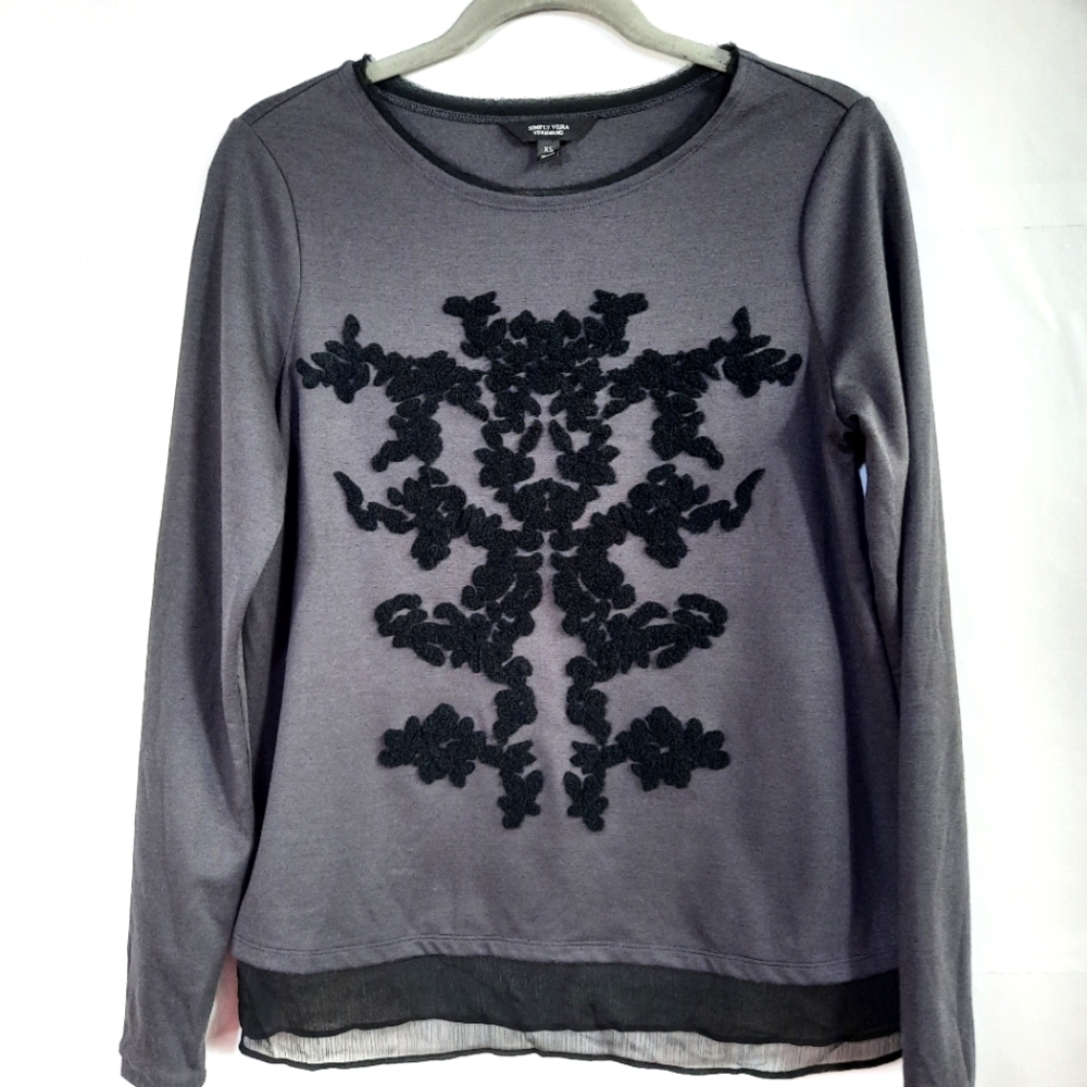 Vera Wang Womens Long Sleeve Shirt Embroidered Front Black Mesh Contrast Size XL